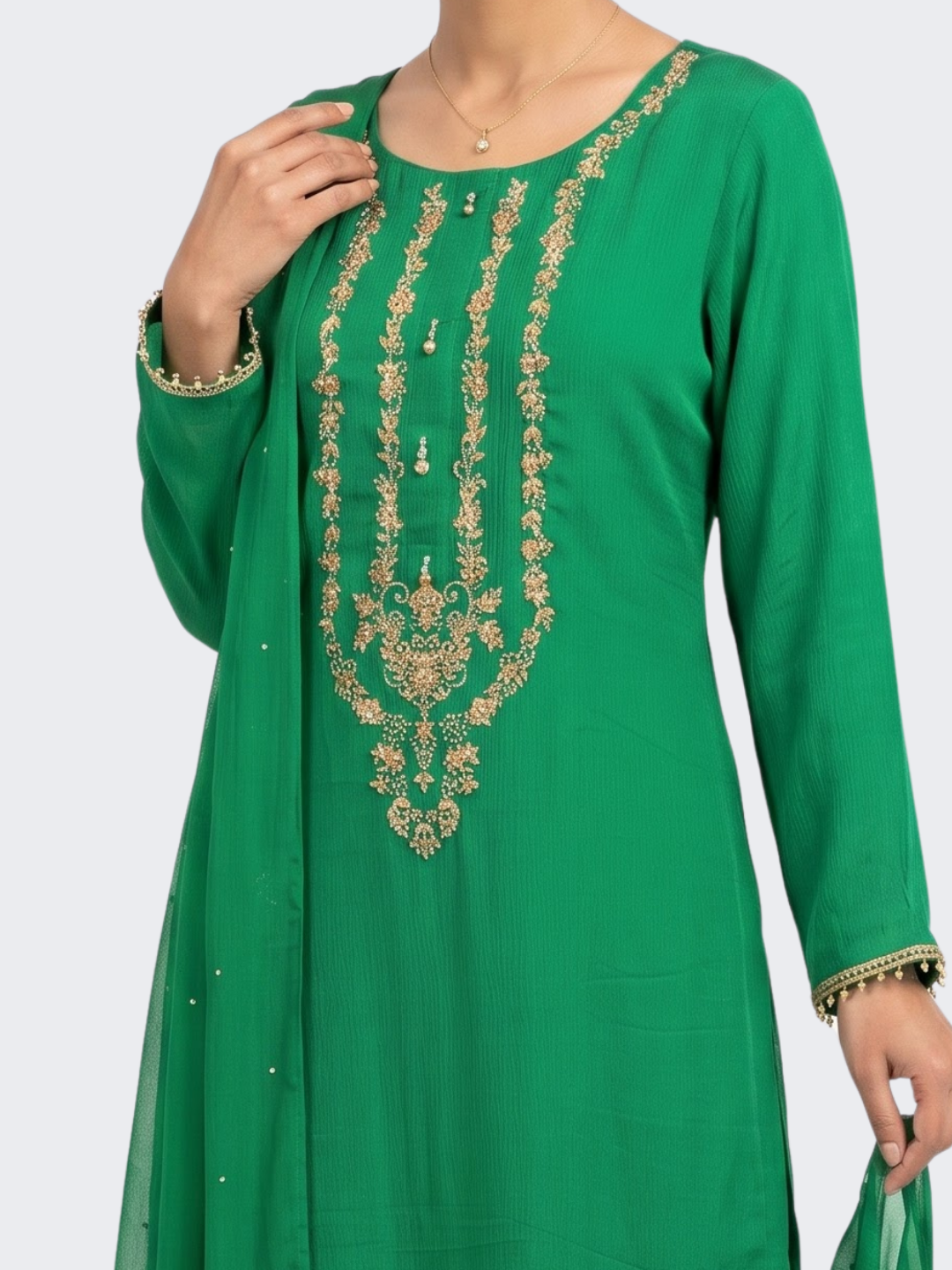 Rama Green Chinon Shirt, Palazzo And Dupatta with Sequins and Dabka Embroidery 5